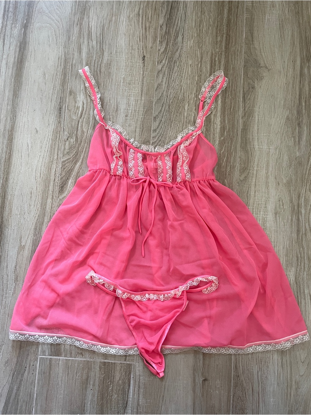 Victoria's Secret Coral Pink Lace-Trim Sheer Babydoll Chemise w/ Matching Thong